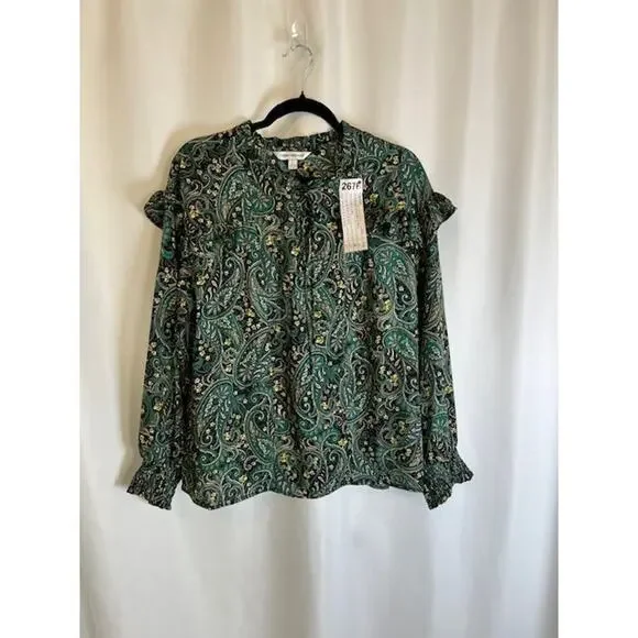 Counterparts Blouse Womens L Green Paisley New Long Sleeves Ruffle - Picture 2 of 9